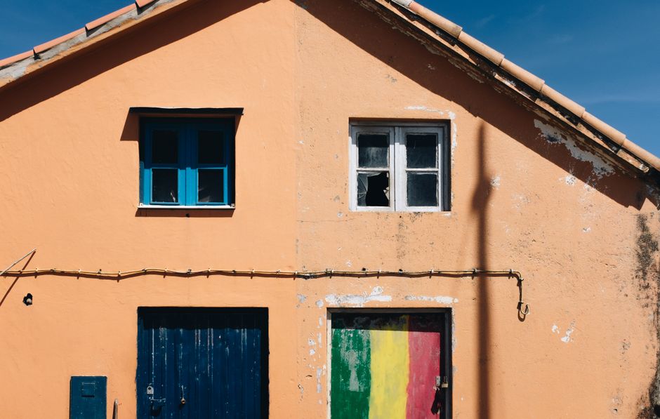 Orange house front with a painted door and a damaged window.